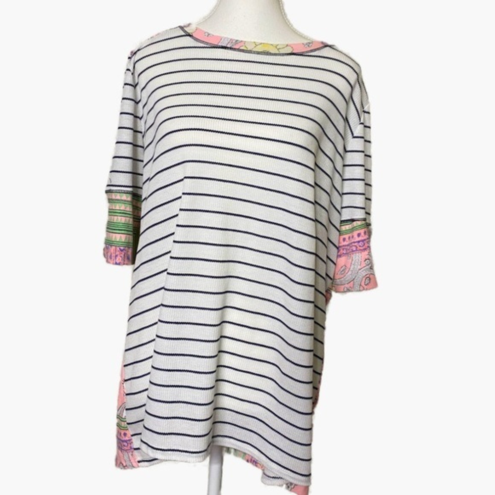 Lovely J Black and‎ White Striped Shirt with Pink Paisley print on Back